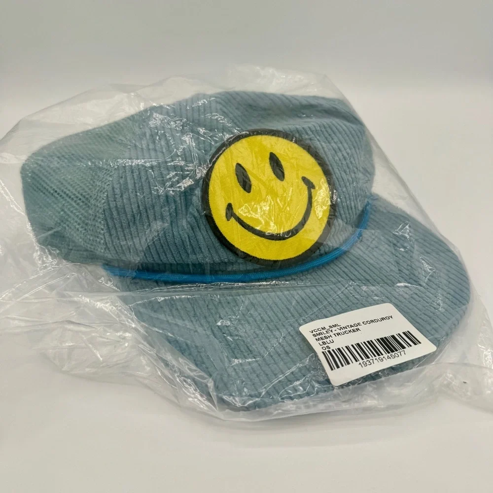 Aviator Nation Blue Corduroy Trucker Hat with Yellow Smiley Patch